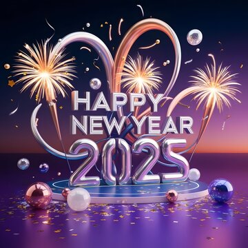 A futuristic, vibrant, and celebratory 3D illustration of a Happy New Year 2025