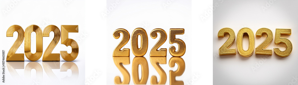 Poster Three different images of the year 2025 in gold, two with a reflection and one without.