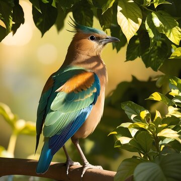 A serene and vibrant photograph of a majestic bird perched on a branch, surrounded by lush green foliage, with sunlight filtering through the leaves, casting dappled shadows on the bird's plumage, sho