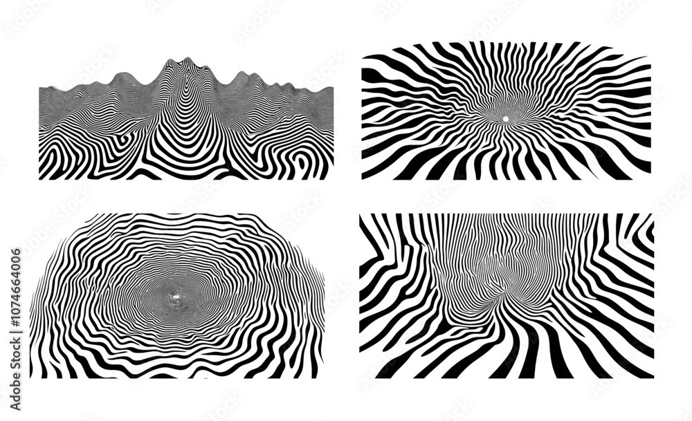 Poster abstract black optical lines patterns vector set. linear waves curves tides ripples swells holes sur