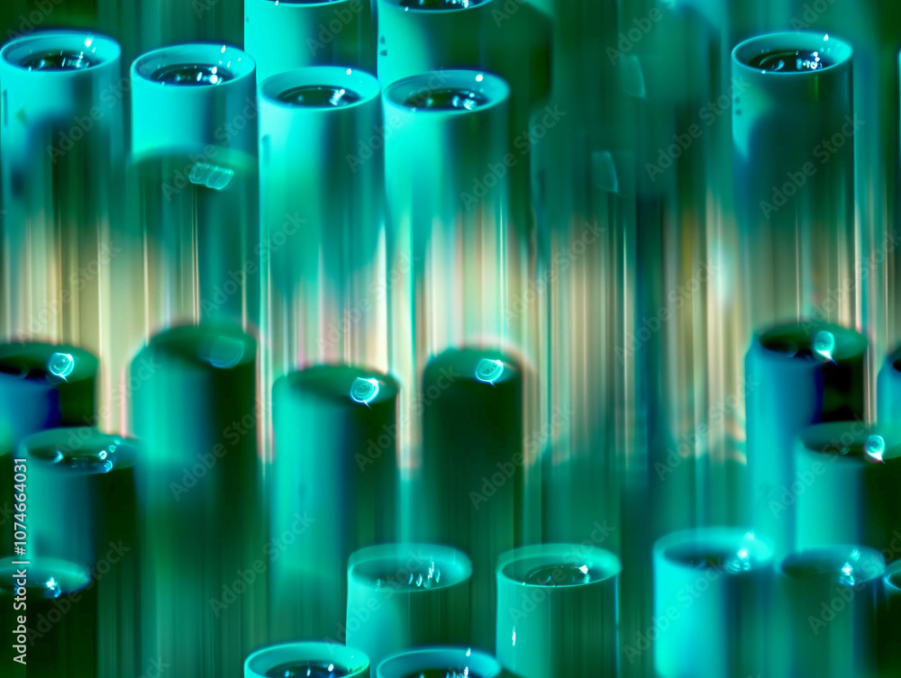 Poster an abstract image of turquoise tubes with a blurred effect, creating a dynamic visual that evokes a 