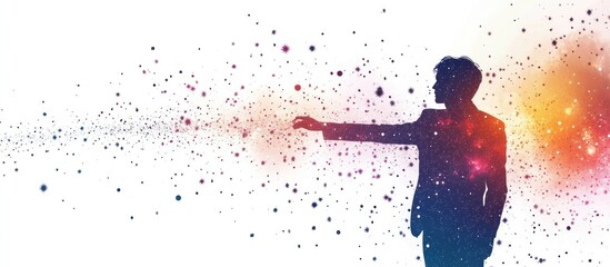 Silhouette of a man reaching out to colorful light particles.