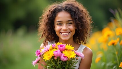 Naklejka premium Cheerful Young Woman Holding a Colorful Bouquet in a Lush Garden