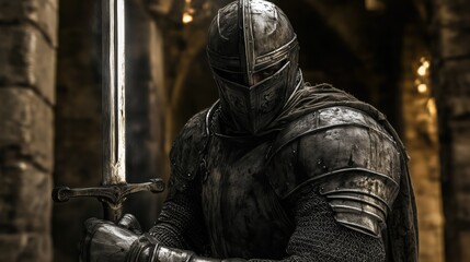 Obraz premium Medieval knight in armor holding sword in castle corridor