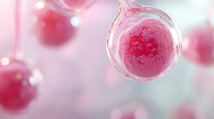 Fototapeta premium An abstract close-up image featuring translucent pink spheres with bubbles set against a soft pink background, creating a dreamy atmosphere.