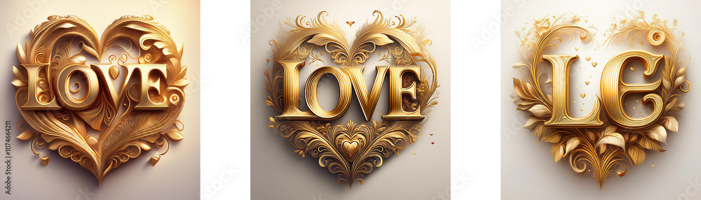 Poster three gold heart-shaped frames adorned with intricate floral designs feature the word 