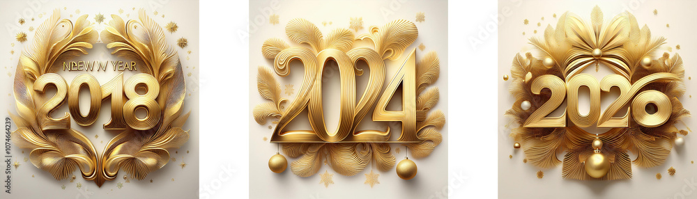 Poster three gold numbers representing different years are surrounded by gold swirls and accents.