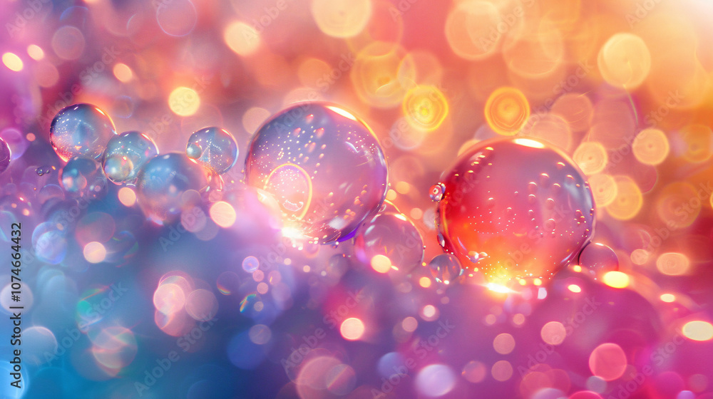 Poster an abstract image featuring colorful bubbles with a soft bokeh effect, blending shades of pink, blue