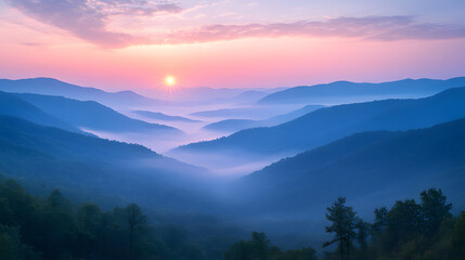 Obraz premium A stunning watercolor-style image of a peaceful mountain landscape at sunrise, with soft pastel tones blending into the sky, and mist gently drifting through the valleys.