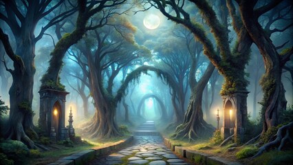 A mystical forest path illuminated by moonlight, leading to a stone archway framed by ancient trees with glowing lanterns