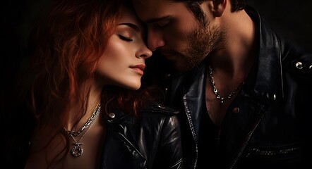 A couple in a close, intimate embrace against a dark backdrop. The rebellious rock-and-roll vibe.