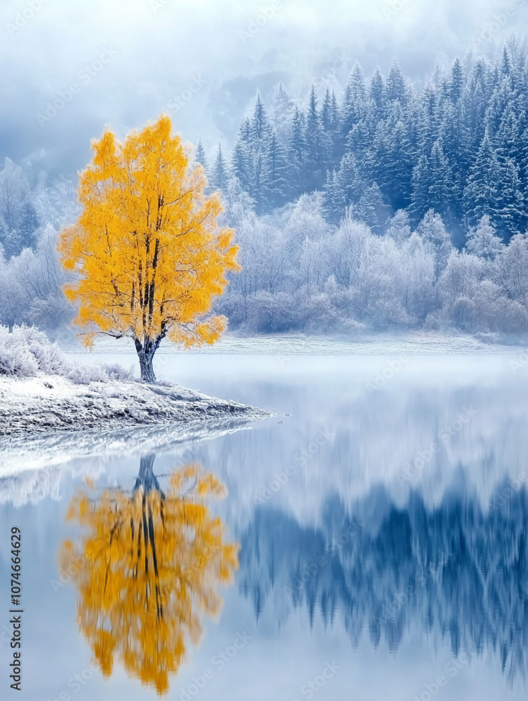 Aufkleber a lone yellow tree stands out against a backdrop of snow-covered trees and a frozen lake in the mist