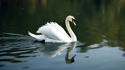 Fototapeta premium Elegant Swan Gliding Across a Calm Pond with Reflections