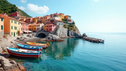 Fototapeta premium Charming Coastal Village with Pastel Houses and Moored Boats
