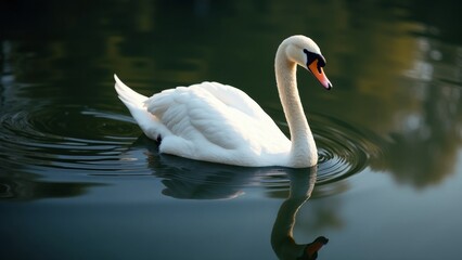 Naklejka premium Elegant Swan Gliding Gracefully on a Serene Pond Surface