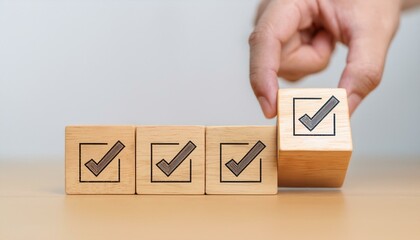 Corporate regulatory and compliance. Quality control management, ISO certification. Product, service quality warranty. Checklist survey and assessment process. Put wooden cube with check mark icon