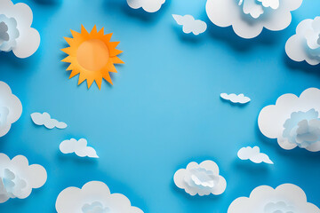 Top view of paper cut clouds and sun on blue background, panoramic shot