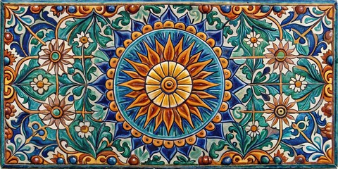 Ornate Tile with Floral and Geometric Patterns in Vibrant Hues of Blue, Green, Orange, and Yellow