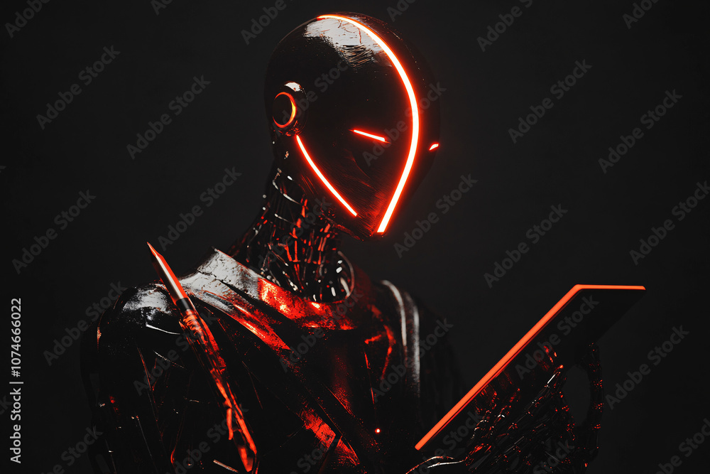 Poster a futuristic robot with a neon-lit faceplate reading a tablet, glowing red lines on a dark backgroun