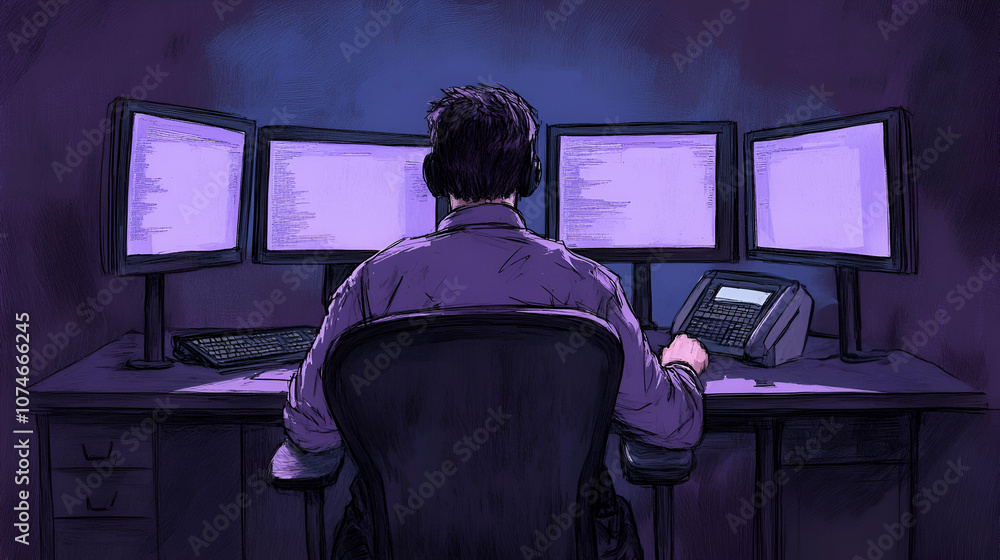 Aufkleber a person working at multiple computer screens in a modern office environment.