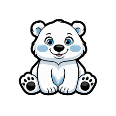 Naklejka premium Cartoon style polar bear sticker with expressive blue eyes, gentle smile, and soft white fur on white background, generative ai