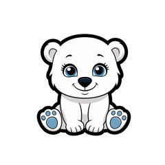 Fototapeta premium Cartoon style polar bear sticker with expressive blue eyes, gentle smile, and soft white fur on white background, generative ai