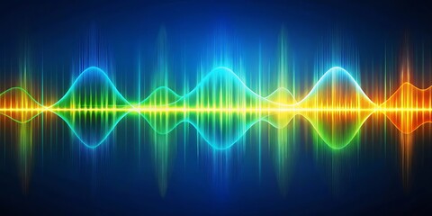 Fototapeta premium Abstract digital sound wave visualization with a vibrant blue, green, and yellow color gradient on a dark blue background