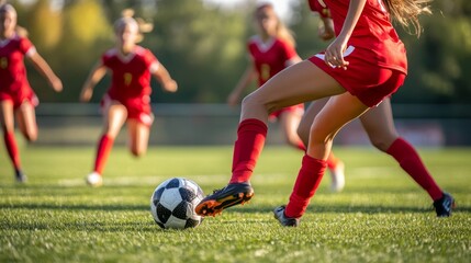 Fototapeta premium Intense Soccer Match Among Female Athletes on the Field