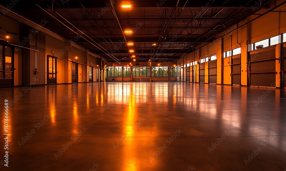 Poster an industrial space with polished floors and warm lighting, showcasing an expansive area designed fo