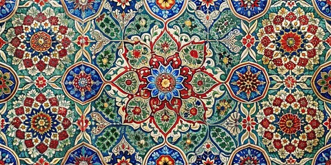 A vibrant mosaic of intricate floral patterns and geometric designs, showcasing an array of colors and textures, forming a captivating visual tapestry.