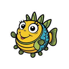 Cartoon Pygmy Pufferfish with big expressive eyes, round body, playful smile, bold outlines, sticker design, generative ai