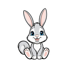 Cartoon style rabbit sticker with expressive blue eyes, soft pink lined ears, and happy smile on white background, generative ai