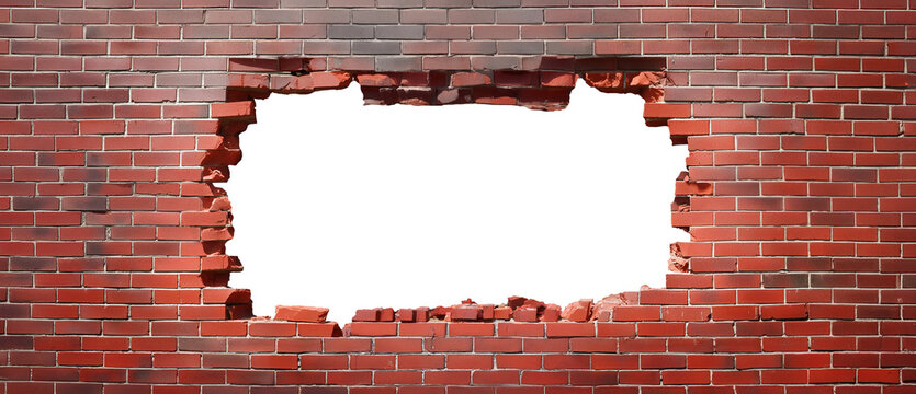 Fototapeta Old brick wall with a large hole in the middle. Abstract background in red and gray and with copy space.