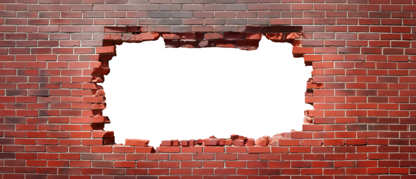 Old brick wall with a large hole in the middle. Abstract background in red and gray and with copy space.