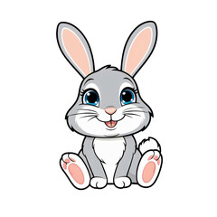 Cartoon style rabbit sticker with expressive blue eyes, soft pink lined ears, and happy smile on white background, generative ai
