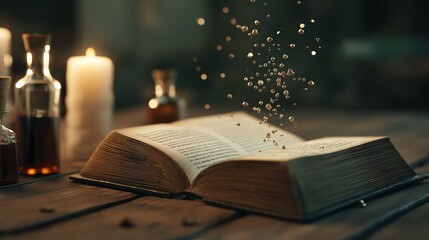 Enchanted Book Opened on a Wooden Table Surrounded by Candles and Potion Bottles, Capturing the Essence of Magic and Mystique in a Cozy Setting
