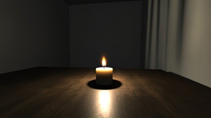 Dark room with single candle flickering on wooden table during power outage, symbolizing temporary darkness and reliance on alternative light sources.