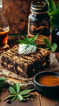 A chocolate brownie topped with whipped cream and a cannabis leaf sits on a wooden table, next to a cup of coffee and a jar of marijuana