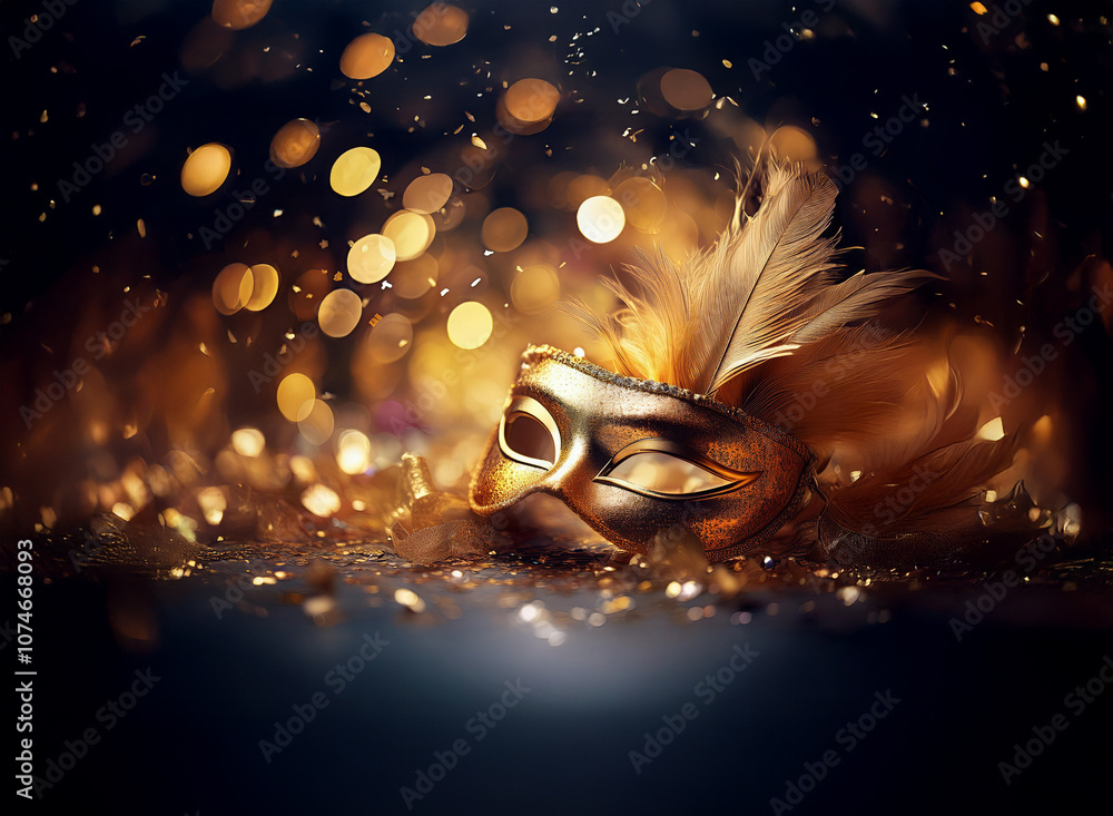 Aufkleber A golden masquerade mask with a feather lies on a table surrounded by confetti and bokeh lights.