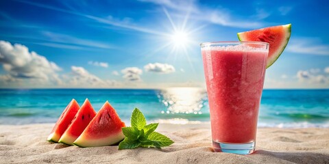 Obraz premium A refreshing watermelon smoothie on a sandy beach with slices of watermelon and mint leaves, capturing the essence of summer relaxation.