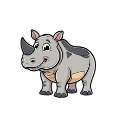 Fototapeta premium Cartoon style rhinoceros sticker with big eyes, happy expression, and playful pose on white background, generative ai