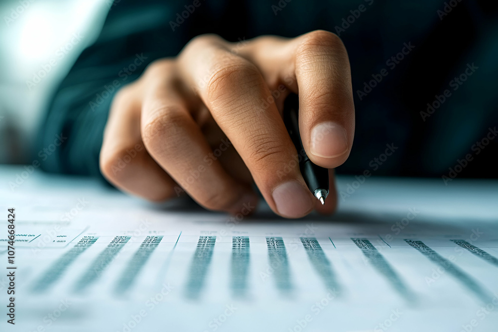 Poster close-up of a business hand analyzing data and making notes with a pen on paper.