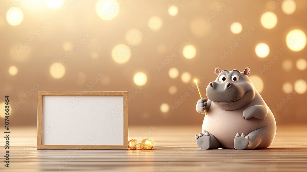 Poster charming hippopotamus holding chalk stick next to blank frame, surrounded by warm bokeh lights, creating playful and inviting atmosphere