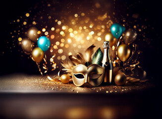 Obraz premium A golden masquerade mask sits among champagne, balloons, and confetti against a sparkling background.