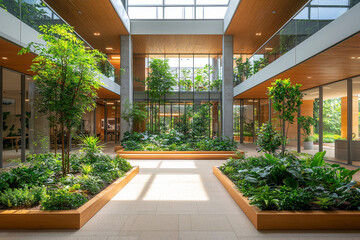 Innovative office space with biophilic design, floating transparent screens, soft natural light,