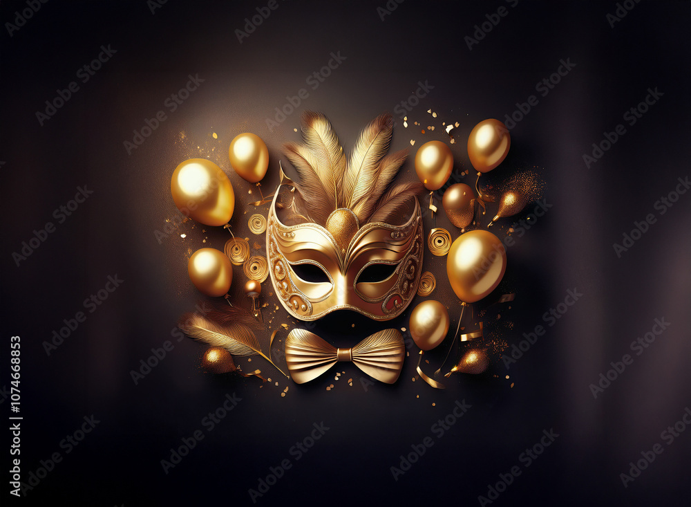 Poster a golden masquerade mask with feathers and a bow tie is surrounded by gold balloons and confetti on 