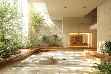 Innovative office space with biophilic design, floating transparent screens, soft natural light,