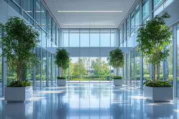 Innovative office space with biophilic design, floating transparent screens, soft natural light,