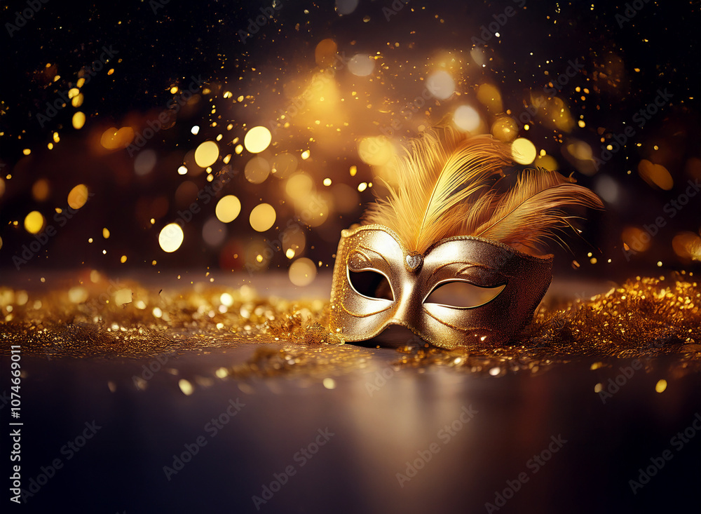Poster a golden masquerade mask with feathers rests on a bed of glitter against a backdrop of warm bokeh li