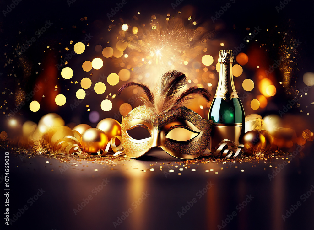 Poster a golden masquerade mask sits next to a bottle of champagne with golden baubles and sparkling lights